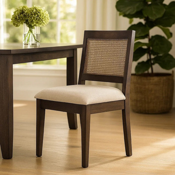 Zemi Dining Chair Set of 2, Rattan Back, Beige, Dark Brown Solid Wood - BM340389
