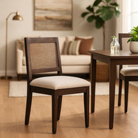 Zemi Dining Chair Set of 2, Rattan Back, Beige, Dark Brown Solid Wood - BM340389