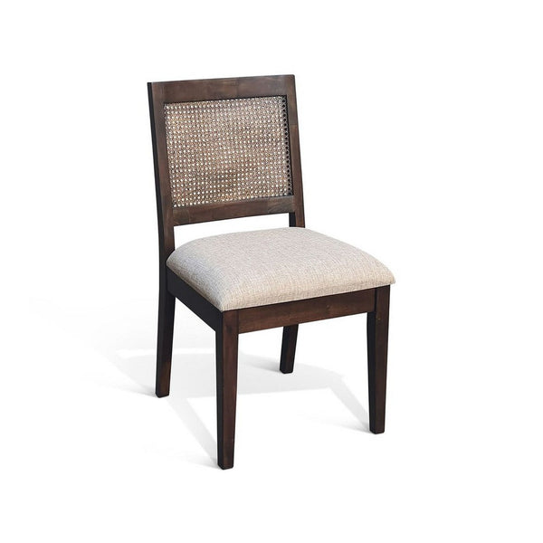 Zemi Dining Chair Set of 2, Rattan Back, Beige, Dark Brown Solid Wood - BM340389