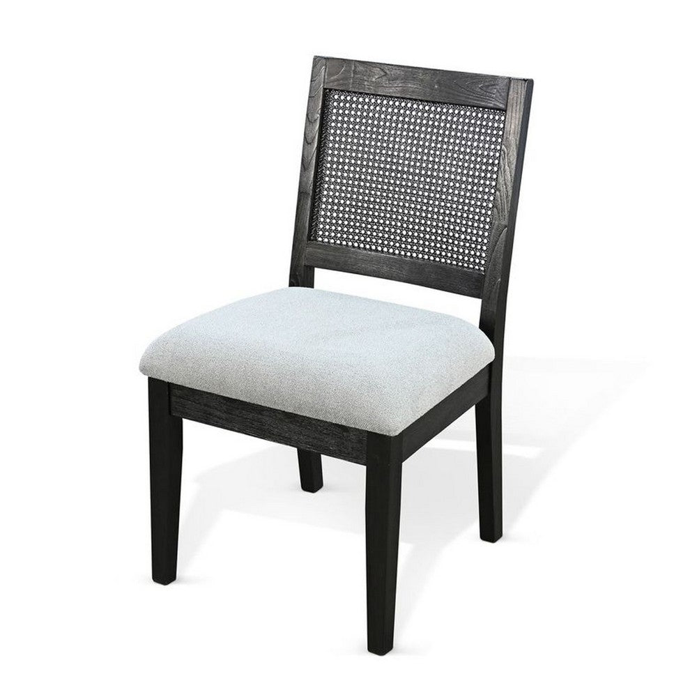 Zemi Dining Chair Set of 2, Rattan Back, Beige Seat, Black Solid Wood - BM340391