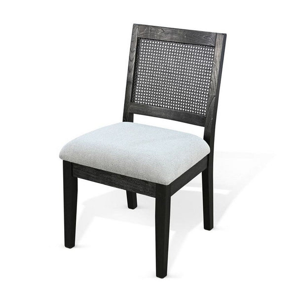 Zemi Dining Chair Set of 2, Rattan Back, Beige Seat, Black Solid Wood - BM340391