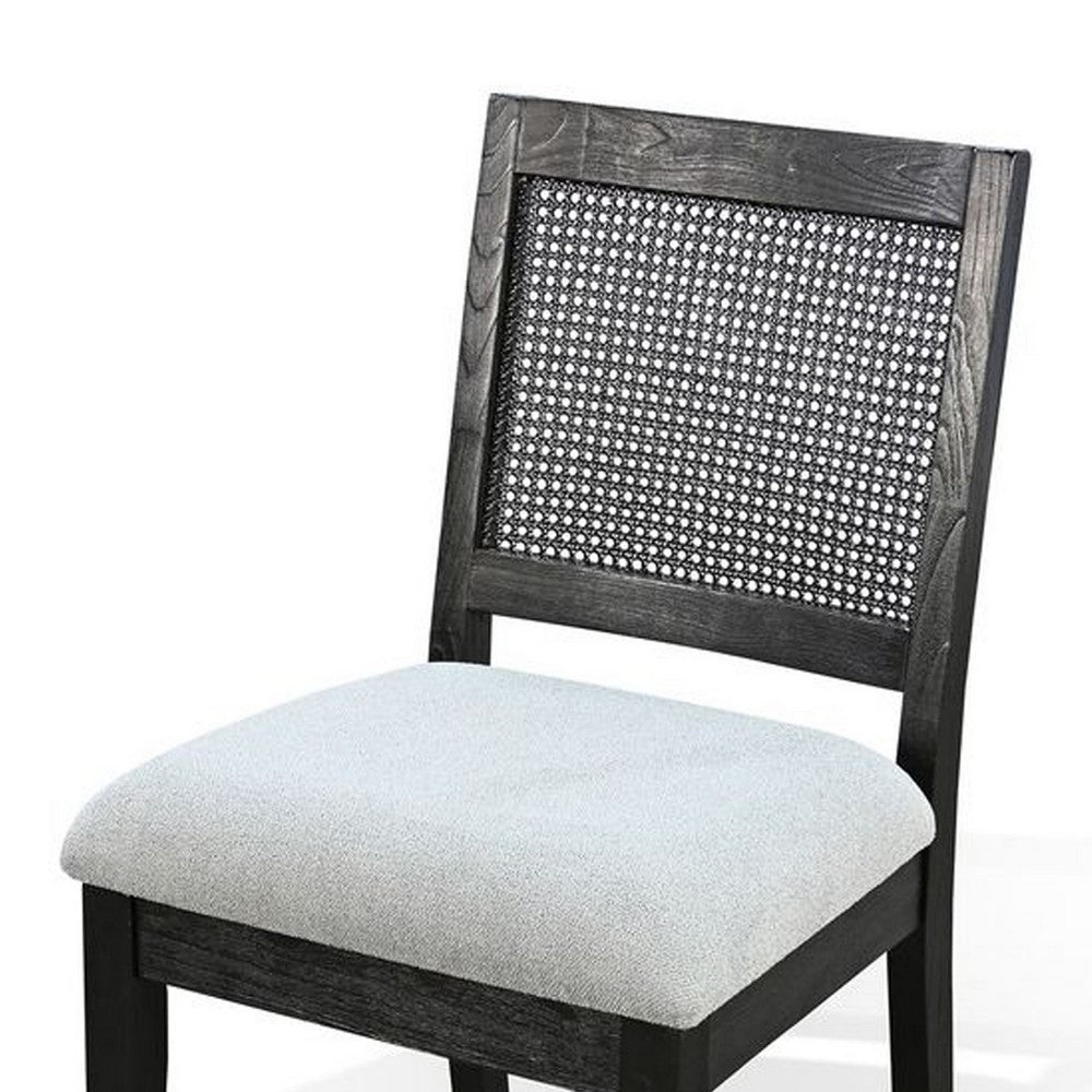 Zemi Dining Chair Set of 2, Rattan Back, Beige Seat, Black Solid Wood - BM340391