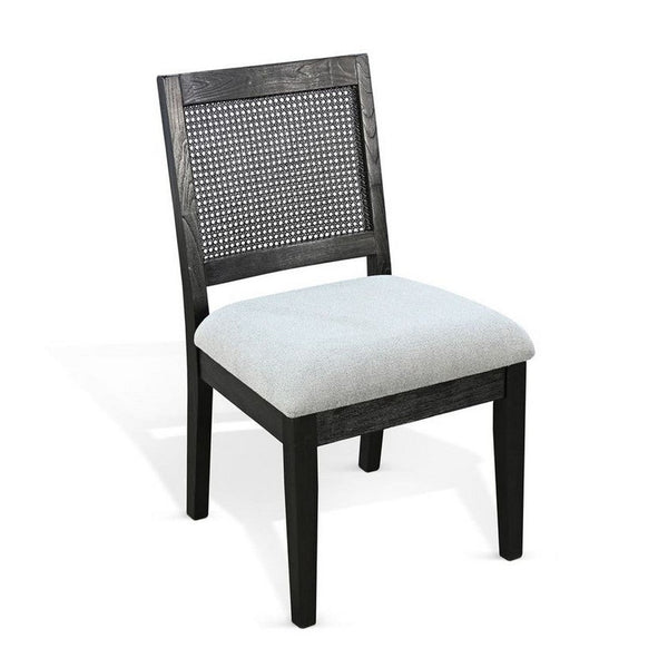 Zemi Dining Chair Set of 2, Rattan Back, Beige Seat, Black Solid Wood - BM340391