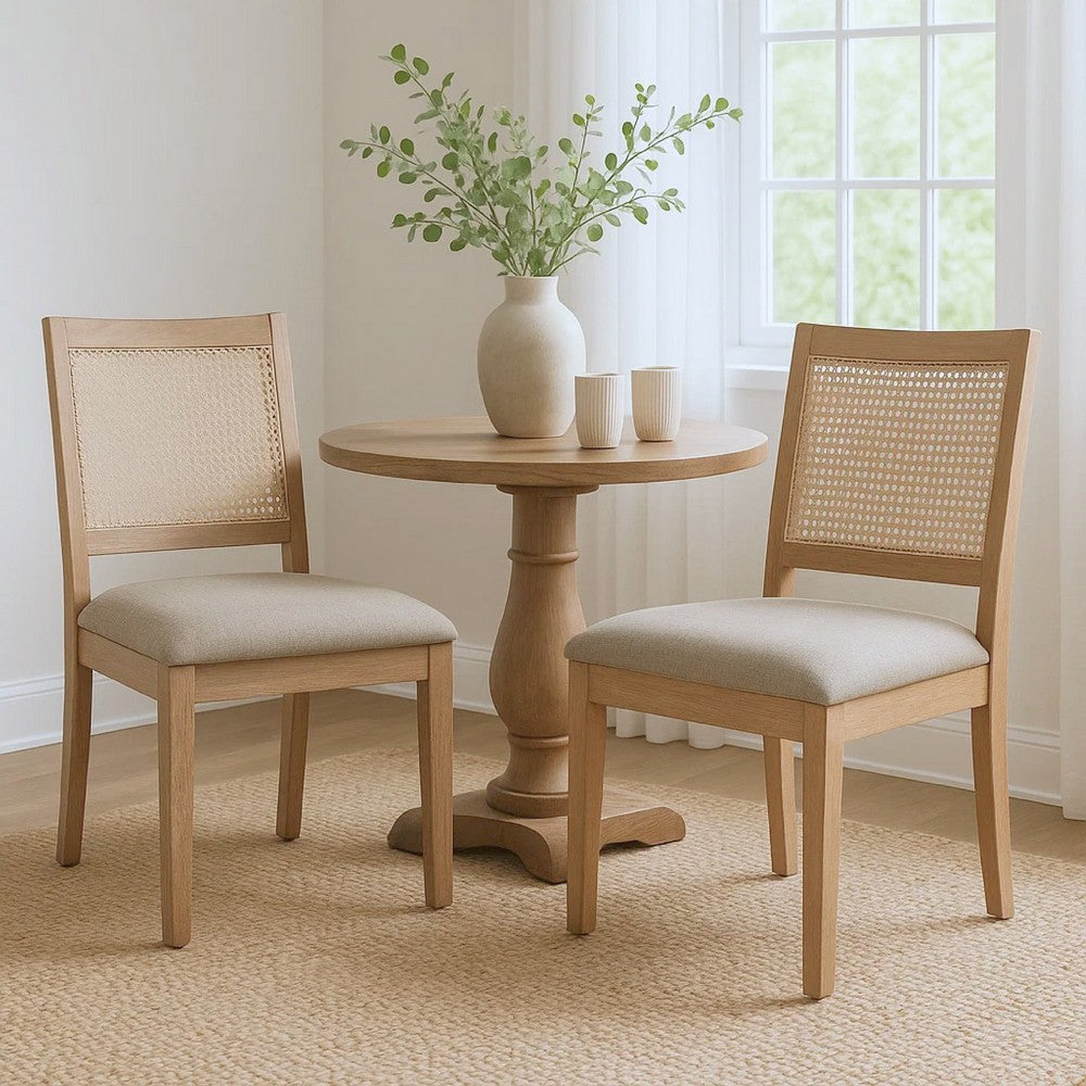 Zemi Dining Chair Set of 2, Rattan, Beige, Natural Brown Solid Wood - BM340392
