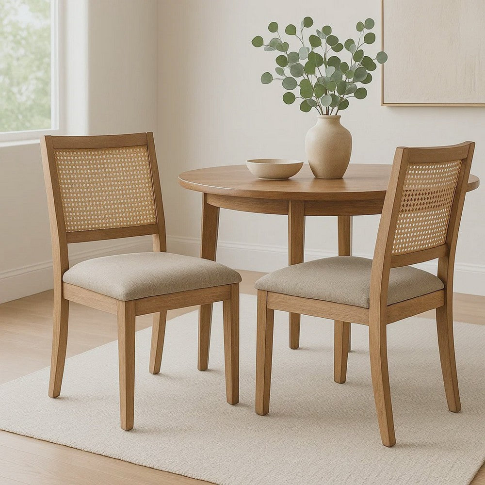 Zemi Dining Chair Set of 2, Rattan, Beige, Natural Brown Solid Wood - BM340392