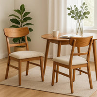 Amy Dining Chair Set of 2, Curved Back, Beige Seat, Light Brown Solid Wood - BM340395