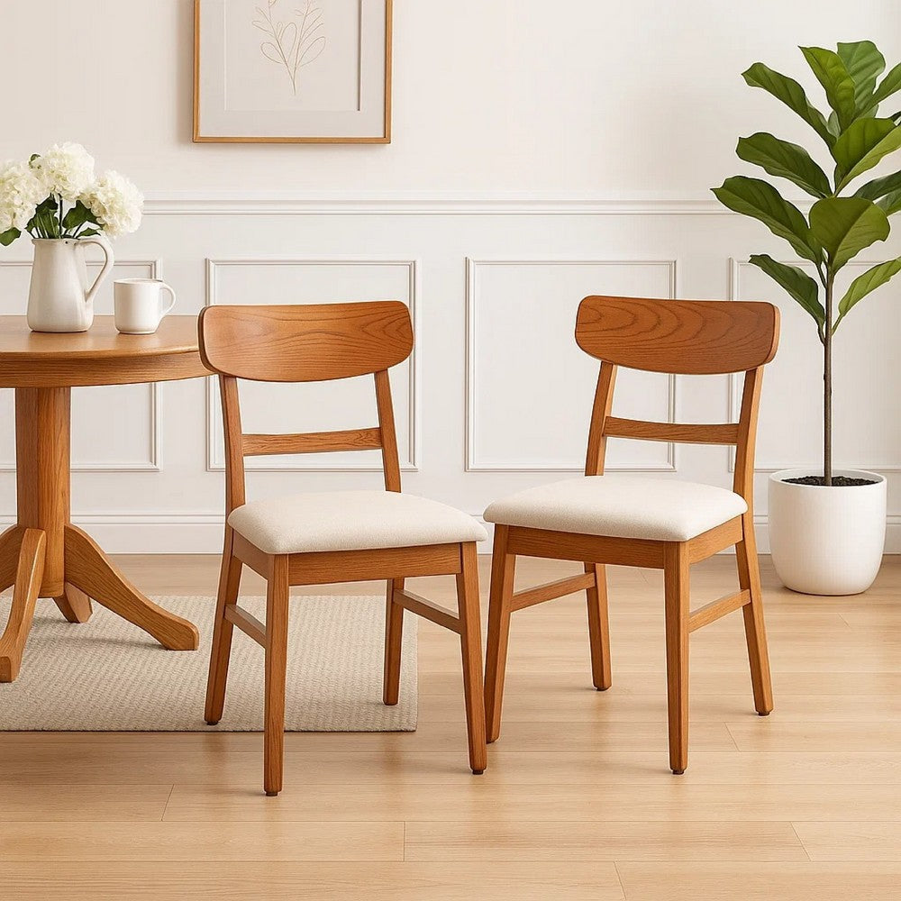 Amy Dining Chair Set of 2, Curved Back, Beige Seat, Light Brown Solid Wood - BM340395
