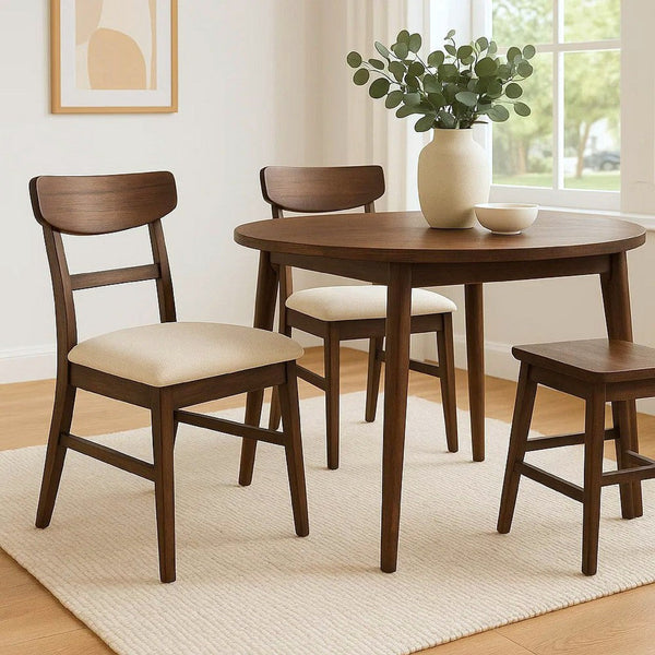 Amy Dining Chair Set of 2, Curved Back, Beige Seat, Dark Brown Solid Wood - BM340396