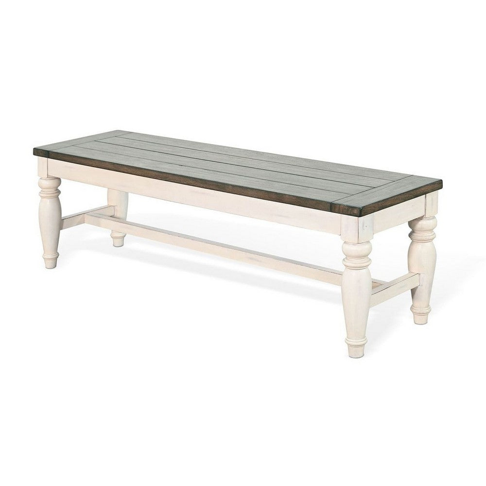 Dean Dining Bench, 52 Inch Brown Plank Seat, White Solid Wood - BM340397
