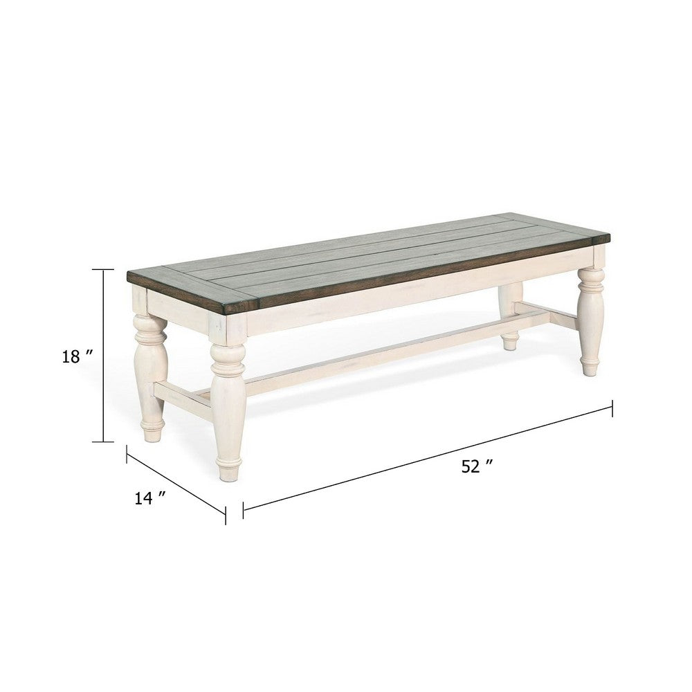 Dean Dining Bench, 52 Inch Brown Plank Seat, White Solid Wood - BM340397