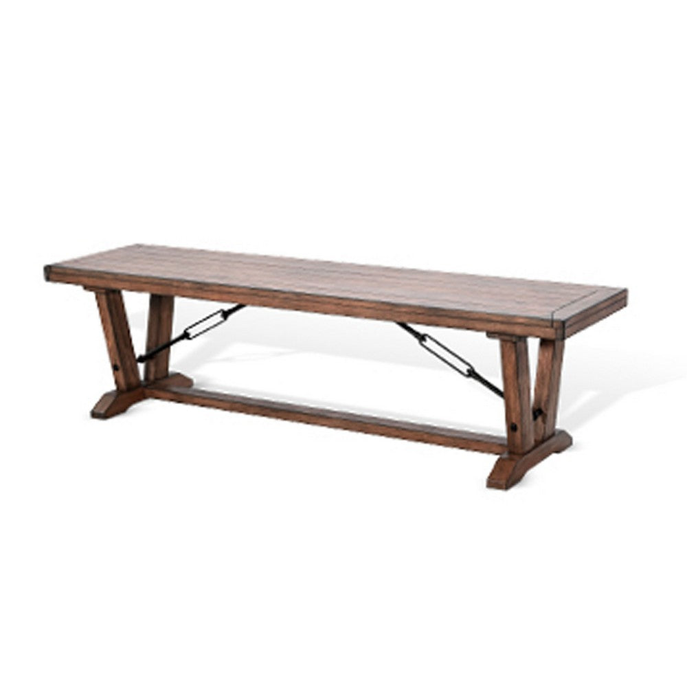 Yael Industrial Bench, Trestle Base, 70 Inch Rustic Brown Solid Wood - BM340399