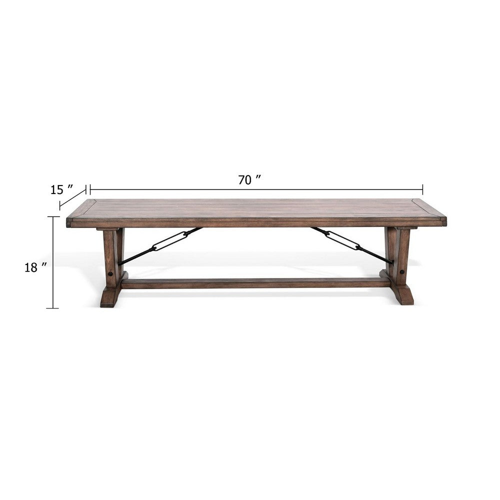 Yael Industrial Bench, Trestle Base, 70 Inch Rustic Brown Solid Wood - BM340399