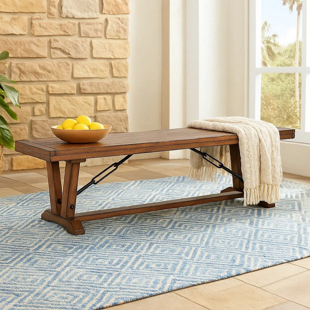 Yael Industrial Bench, Trestle Base, 70 Inch Rustic Brown Solid Wood - BM340399