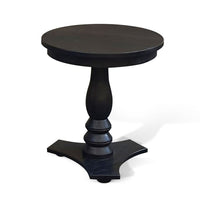 Meni Accent Table, 22 Inch Round Top, Carved Pedestal, Black Solid Wood - BM340401