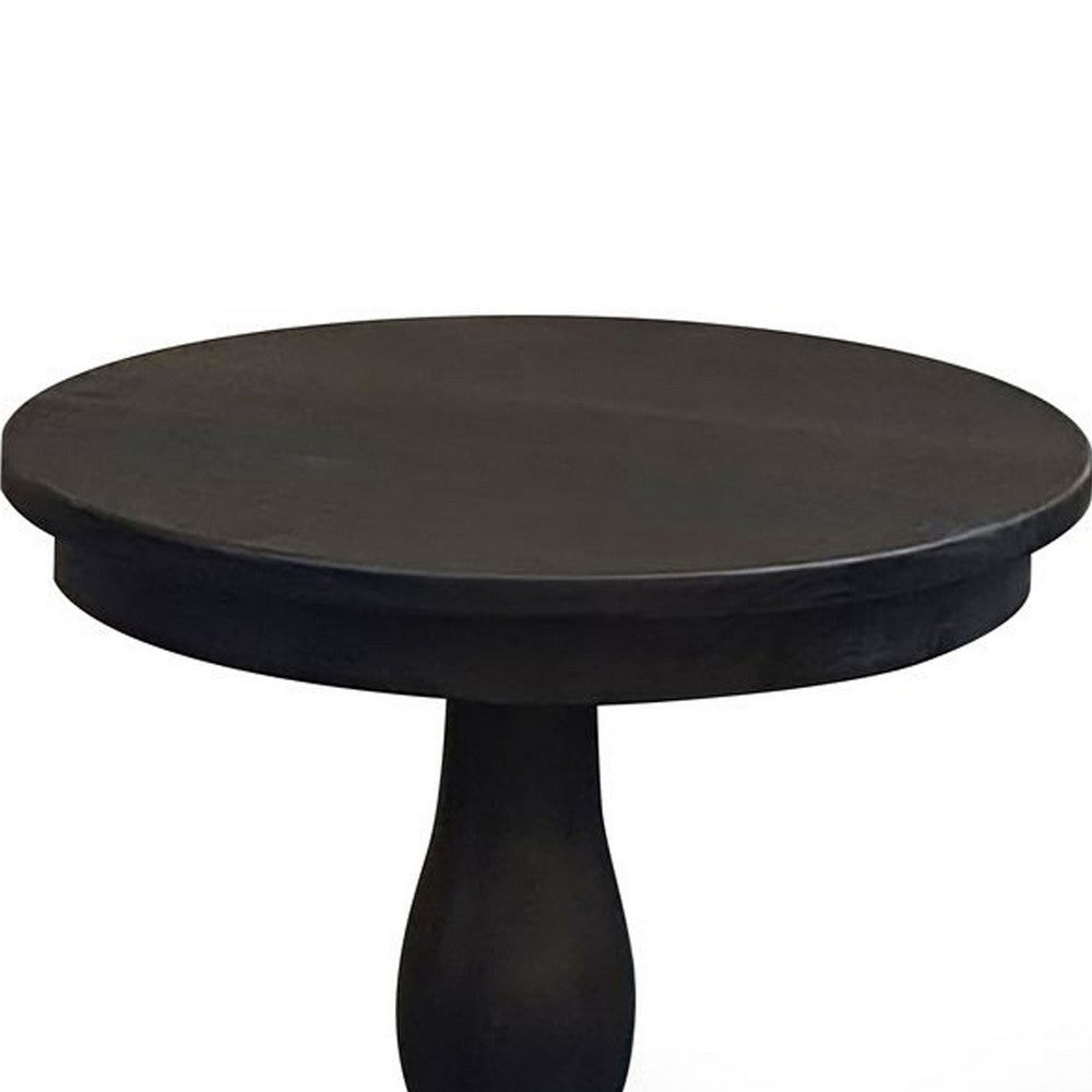 Meni Accent Table, 22 Inch Round Top, Carved Pedestal, Black Solid Wood - BM340401