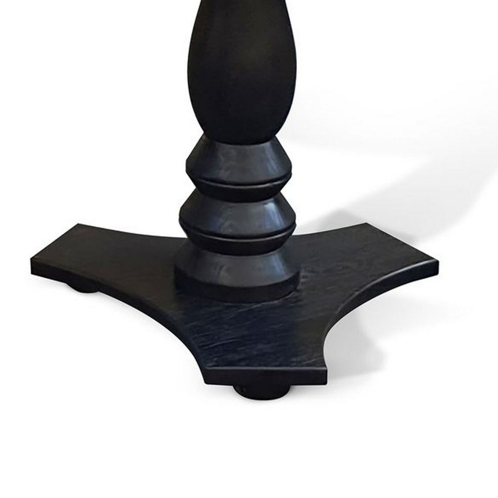 Meni Accent Table, 22 Inch Round Top, Carved Pedestal, Black Solid Wood - BM340401