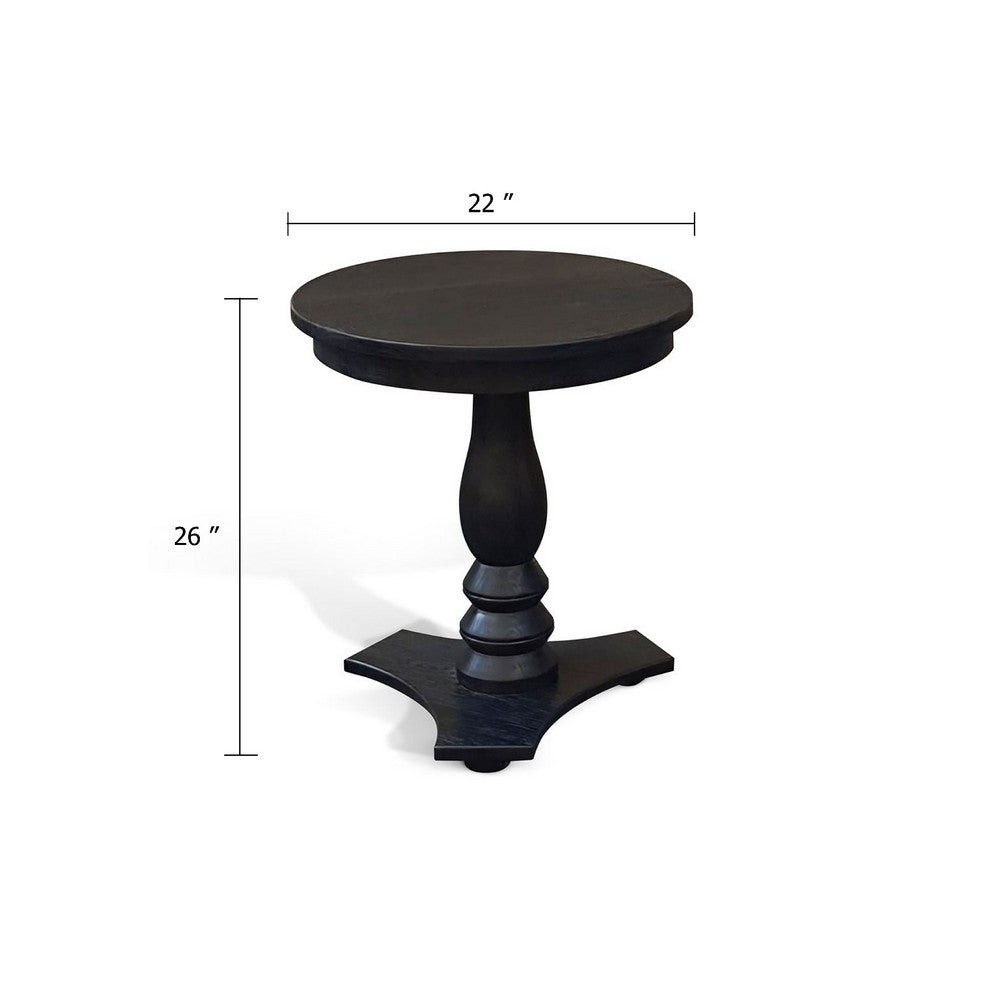Meni Accent Table, 22 Inch Round Top, Carved Pedestal, Black Solid Wood - BM340401
