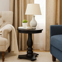 Meni Accent Table, 22 Inch Round Top, Carved Pedestal, Black Solid Wood - BM340401