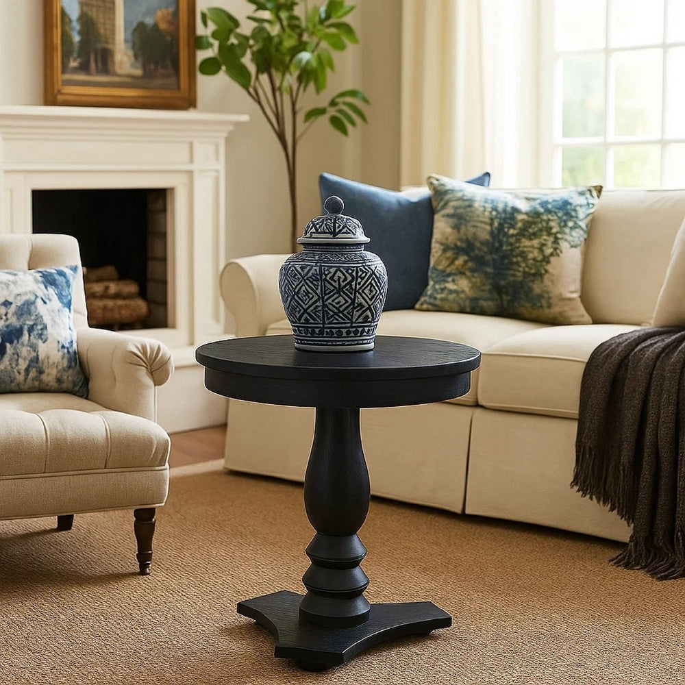 Meni Accent Table, 22 Inch Round Top, Carved Pedestal, Black Solid Wood - BM340401