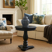 Meni Accent Table, 22 Inch Round Top, Carved Pedestal, Black Solid Wood - BM340401