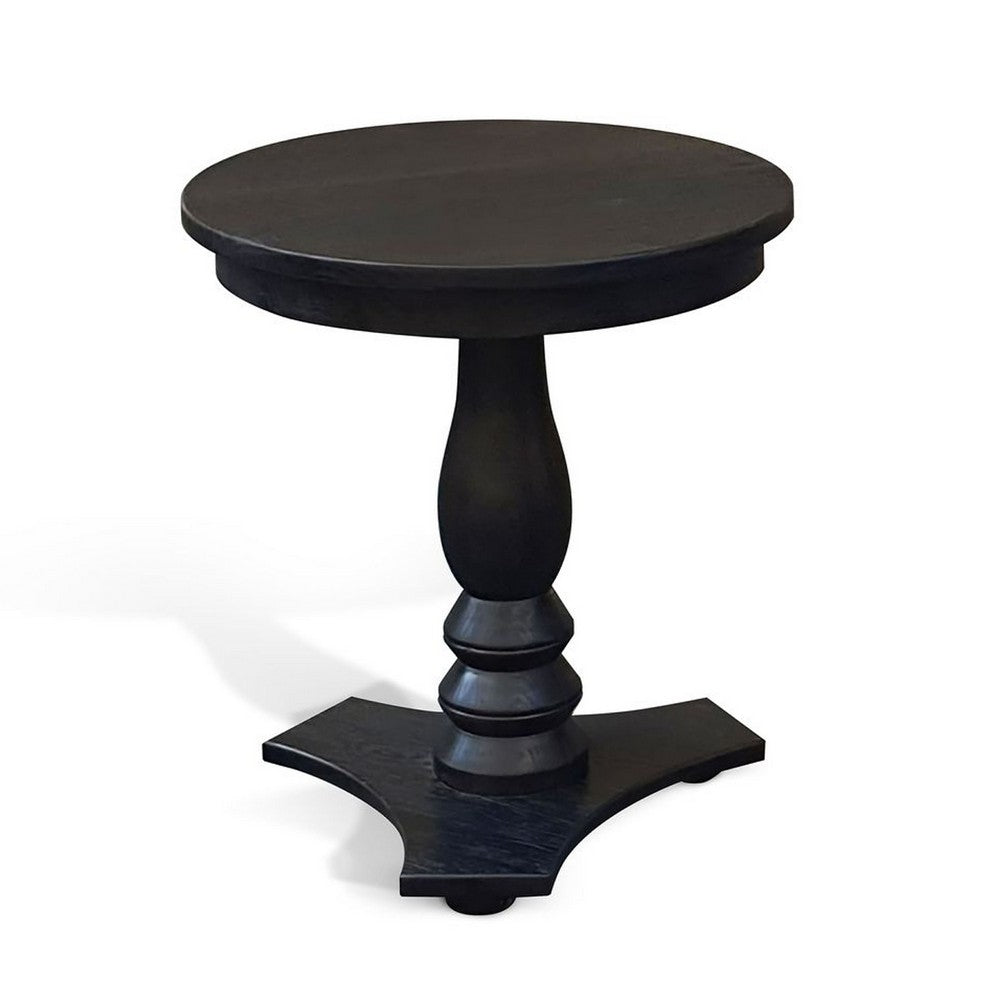 Meni Accent Table, 22 Inch Round Top, Carved Pedestal, Black Solid Wood - BM340401