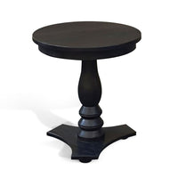 Meni Accent Table, 22 Inch Round Top, Carved Pedestal, Black Solid Wood - BM340401