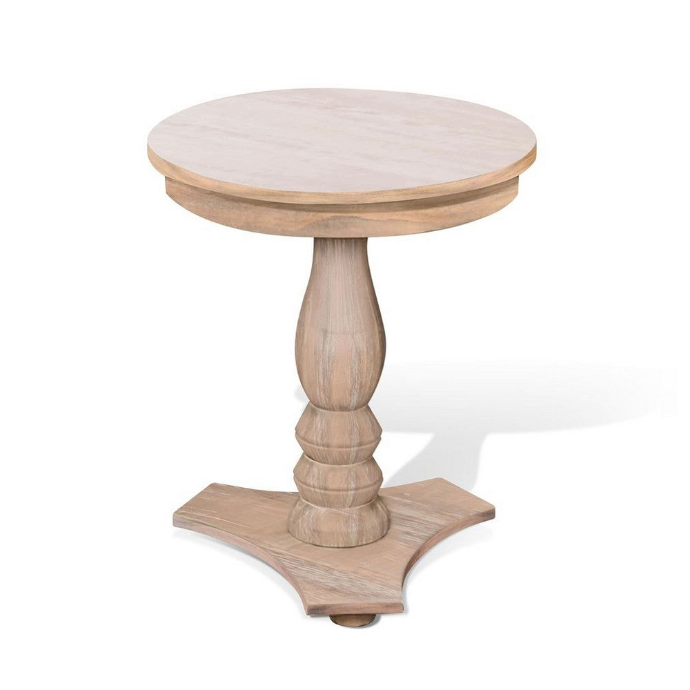 Meni Accent Table, 22 Inch Round, Carved Base, Solid Wood Natural Brown - BM340402