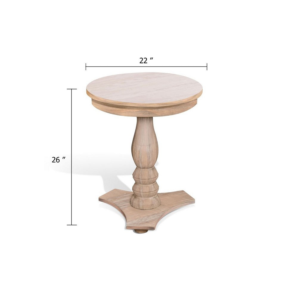 Meni Accent Table, 22 Inch Round, Carved Base, Solid Wood Natural Brown - BM340402
