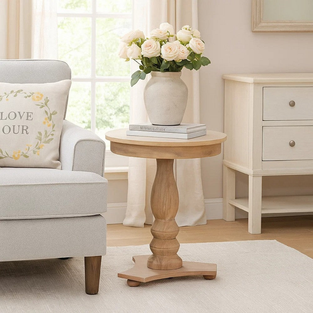 Meni Accent Table, 22 Inch Round, Carved Base, Solid Wood Natural Brown - BM340402