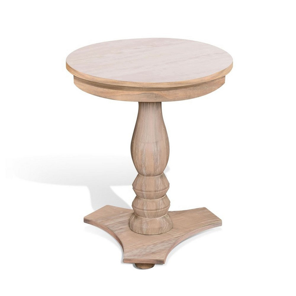 Meni Accent Table, 22 Inch Round, Carved Base, Solid Wood Natural Brown - BM340402