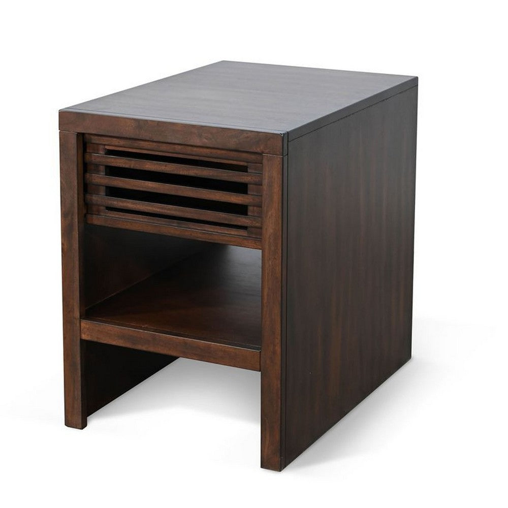 Nero Chair Side Table, Slatted Drawer Front, 26 Inch Solid Wood Dark Brown - BM340405