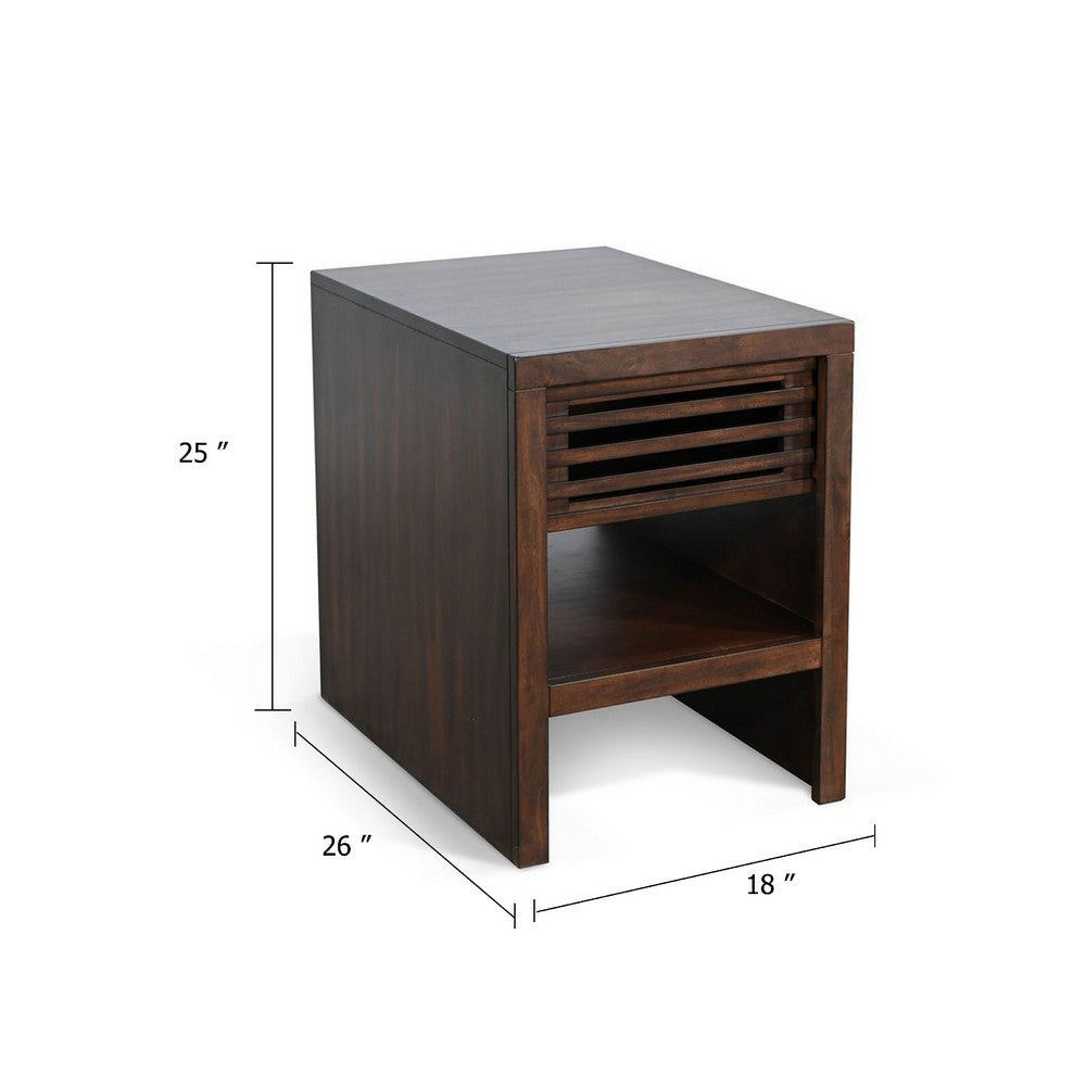 Nero Chair Side Table, Slatted Drawer Front, 26 Inch Solid Wood Dark Brown - BM340405