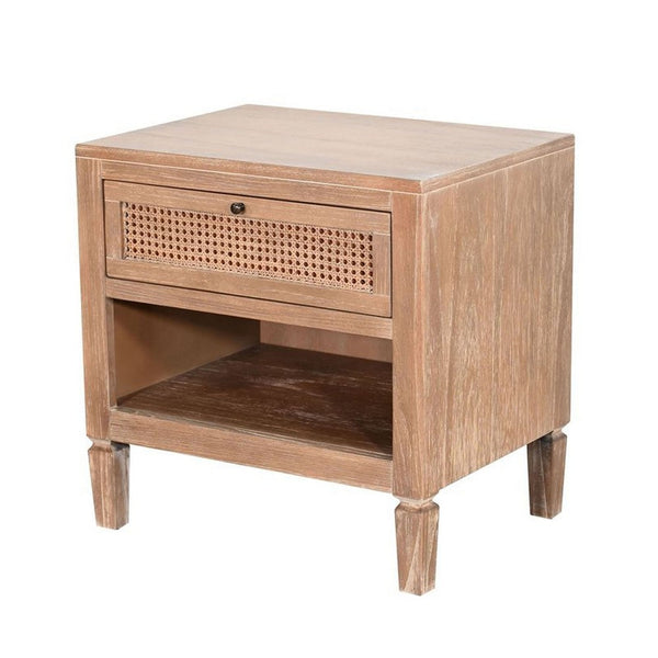 Bedside Nightstand, Cane Front Drawer, Solid Wood Natural Oak Brown - BM340412