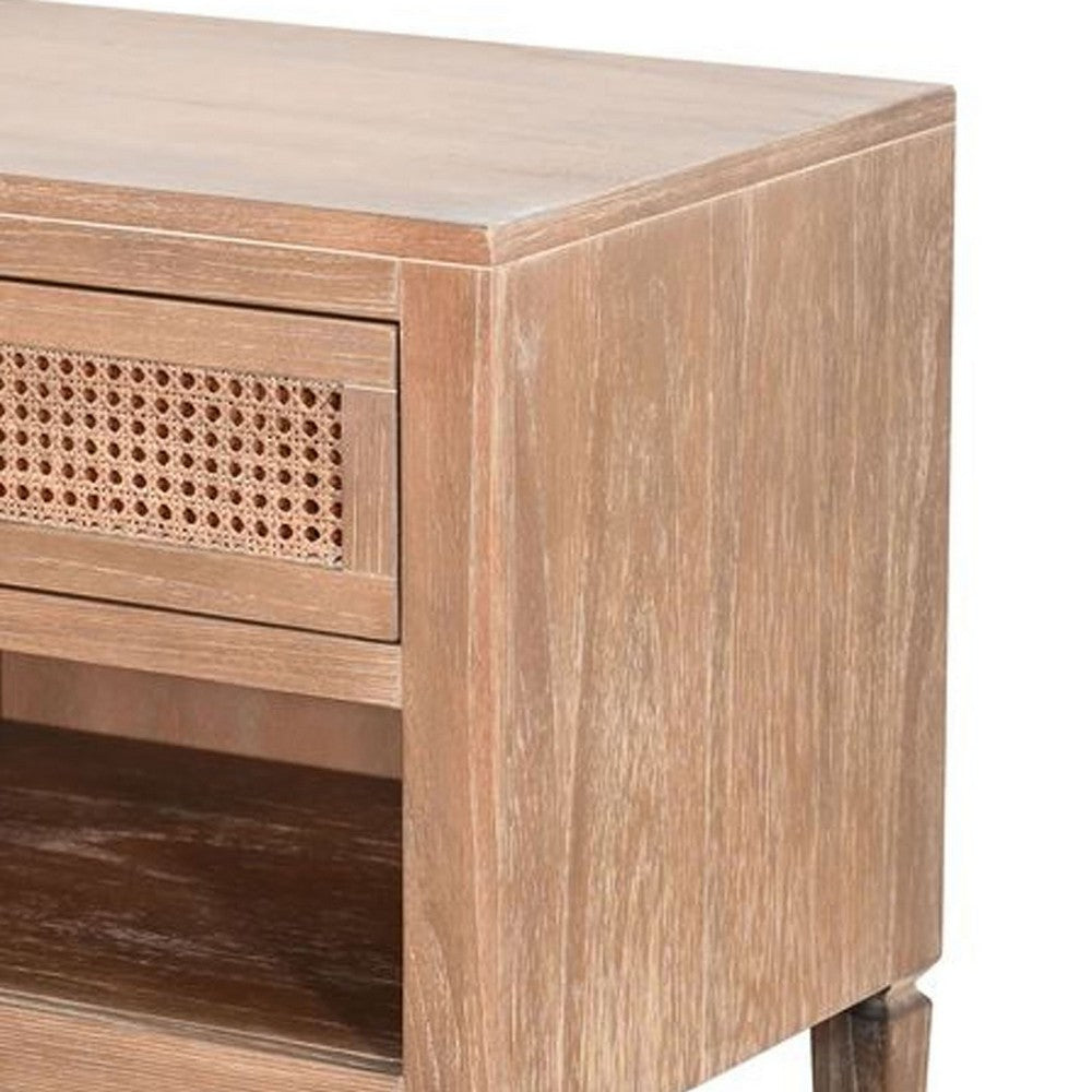Bedside Nightstand, Cane Front Drawer, Solid Wood Natural Oak Brown - BM340412