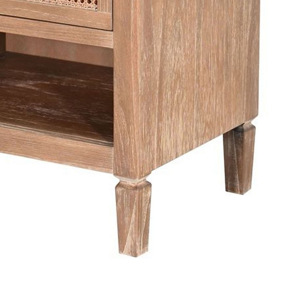 Bedside Nightstand, Cane Front Drawer, Solid Wood Natural Oak Brown - BM340412