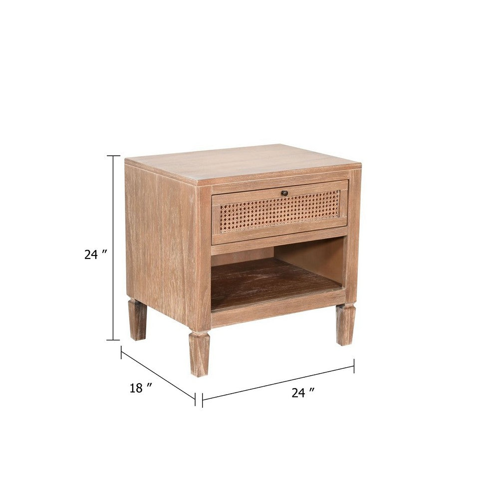 Bedside Nightstand, Cane Front Drawer, Solid Wood Natural Oak Brown - BM340412
