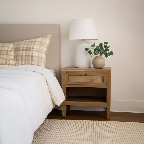 Bedside Nightstand, Cane Front Drawer, Solid Wood Natural Oak Brown - BM340412