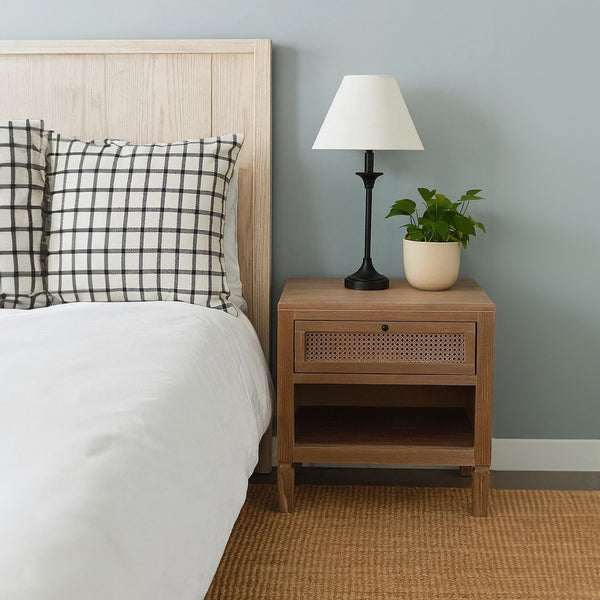 Bedside Nightstand, Cane Front Drawer, Solid Wood Natural Oak Brown - BM340412