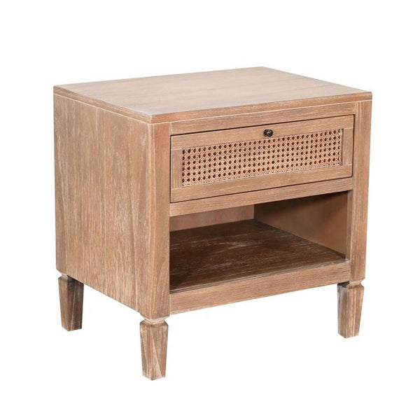 Bedside Nightstand, Cane Front Drawer, Solid Wood Natural Oak Brown - BM340412