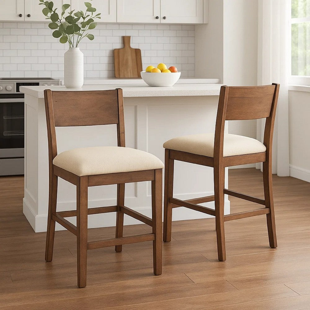 Giby Counter Height Chair Set of 2, Beige Padded Seat, Solid Wood Brown - BM340414