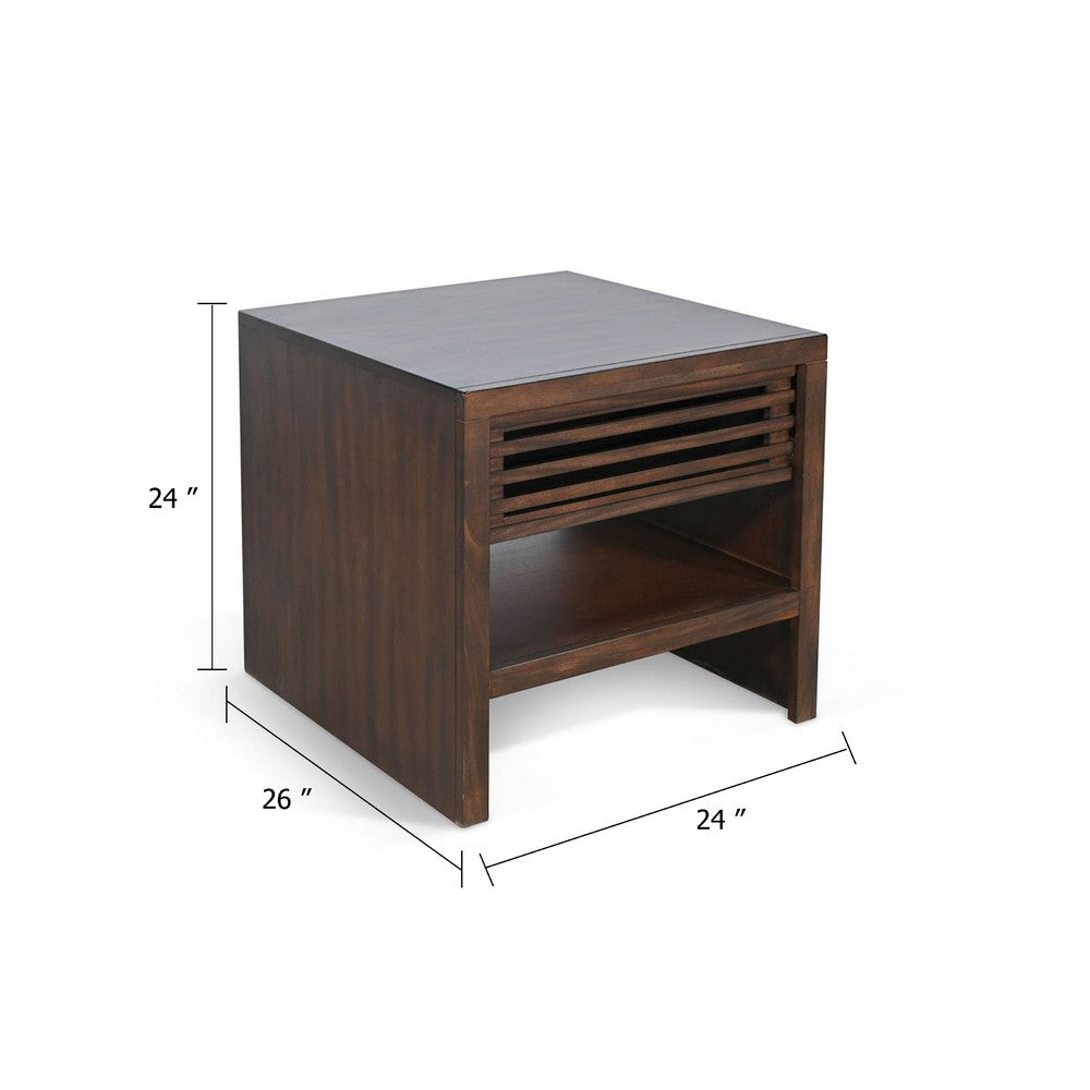 Nero Side End Table, Slatted Drawer, 26 Inch Solid Wood Dark Brown - BM340415