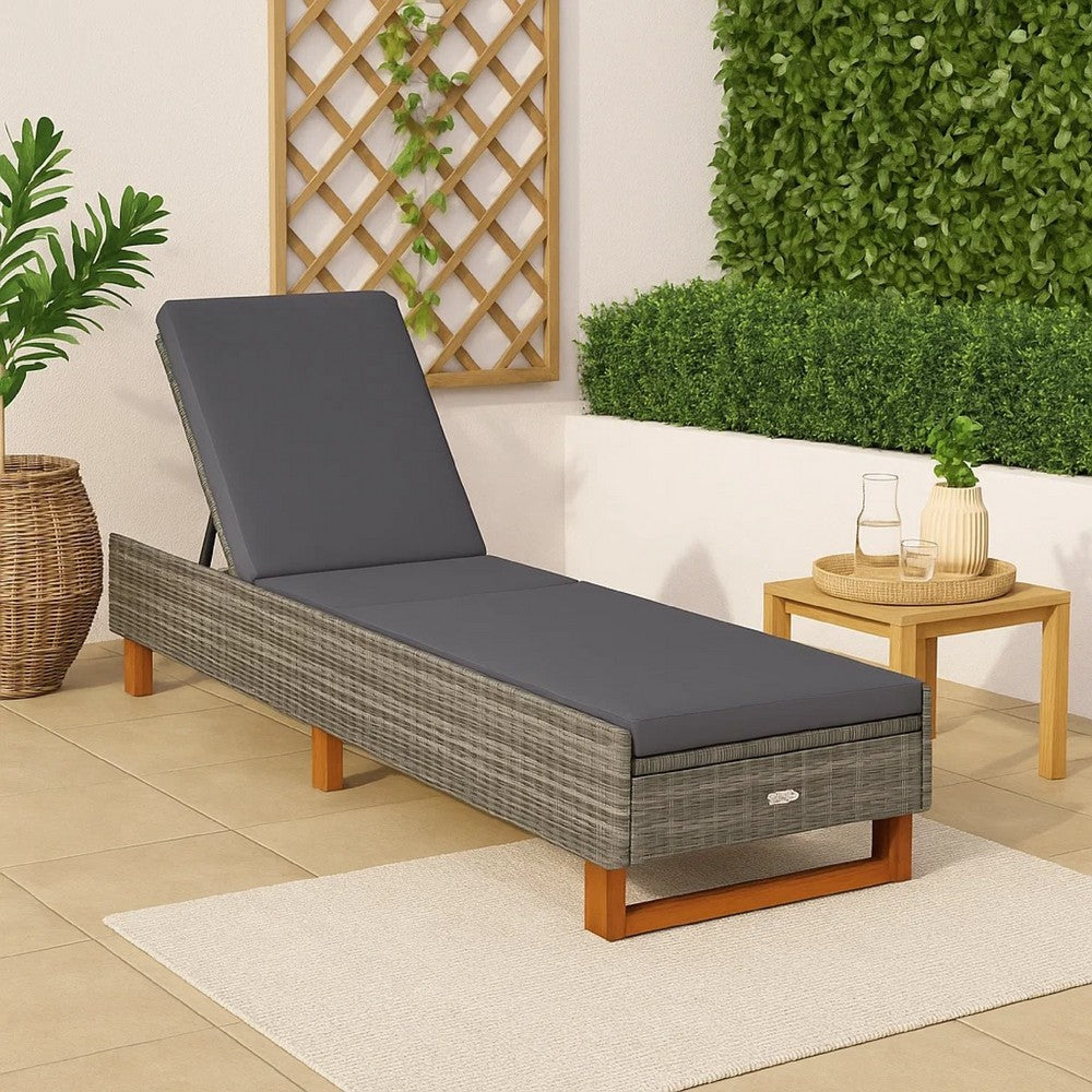 Patio Sun Lounger w Cushion, Adjustable Seat, 79 Inch, Gray Wicker Rattan - BM340416