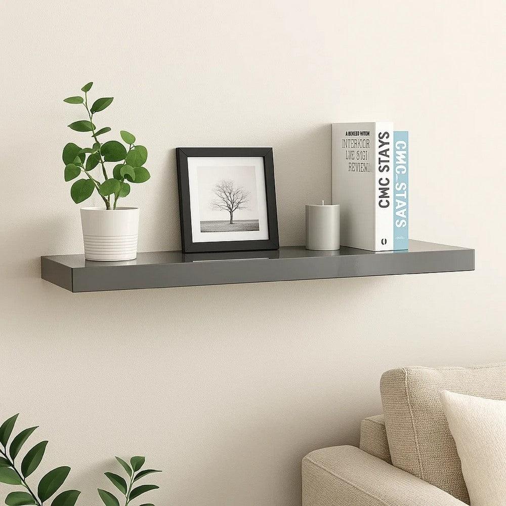 Zyno Wall Shelf, 32 Inch, Glossy Gray MDF Body, Modern Design - BM340423