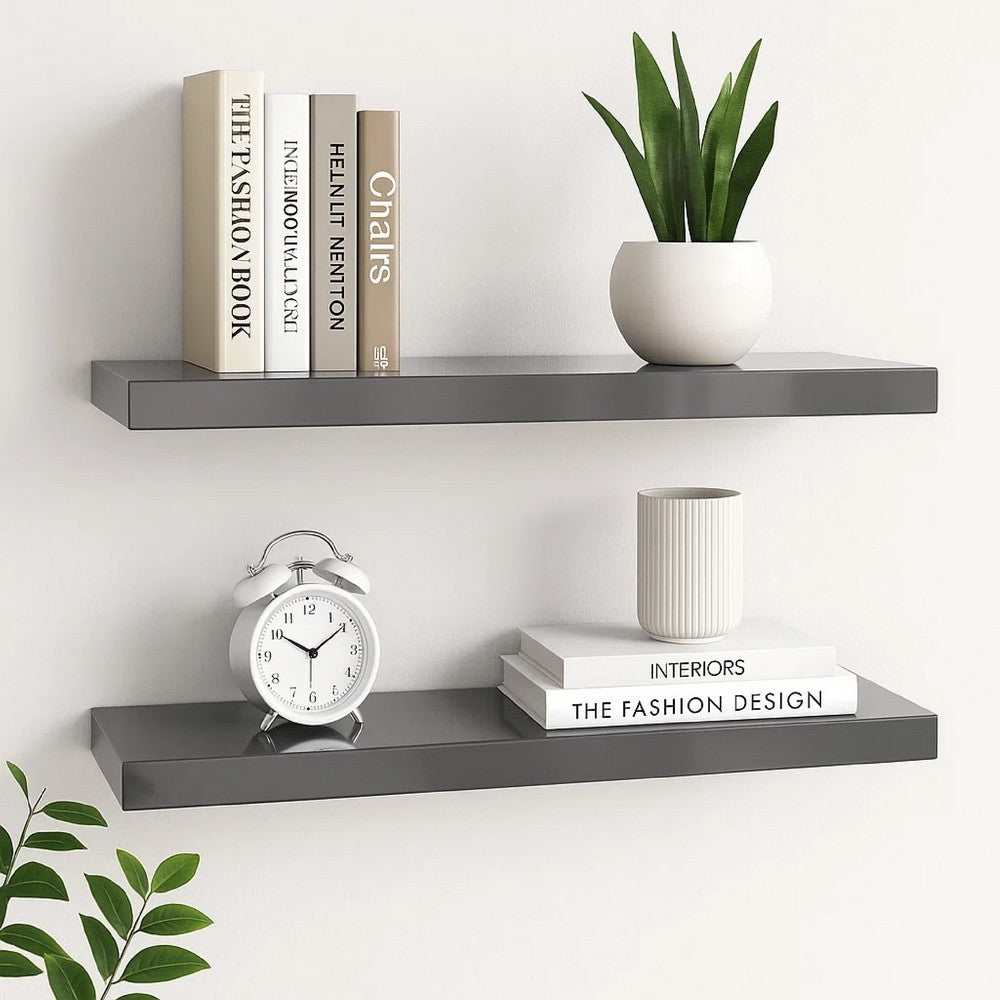Zyno Wall Shelf Set of 2, Glossy Gray MDF Body, Modern Design 32 Inch - BM340424