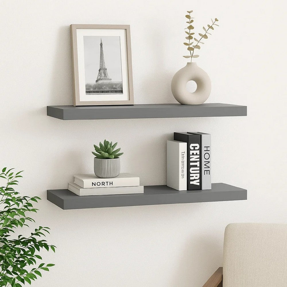 Zyno Wall Shelf Set of 2, Matte Gray MDF Body, Modern Design 32 Inch - BM340427