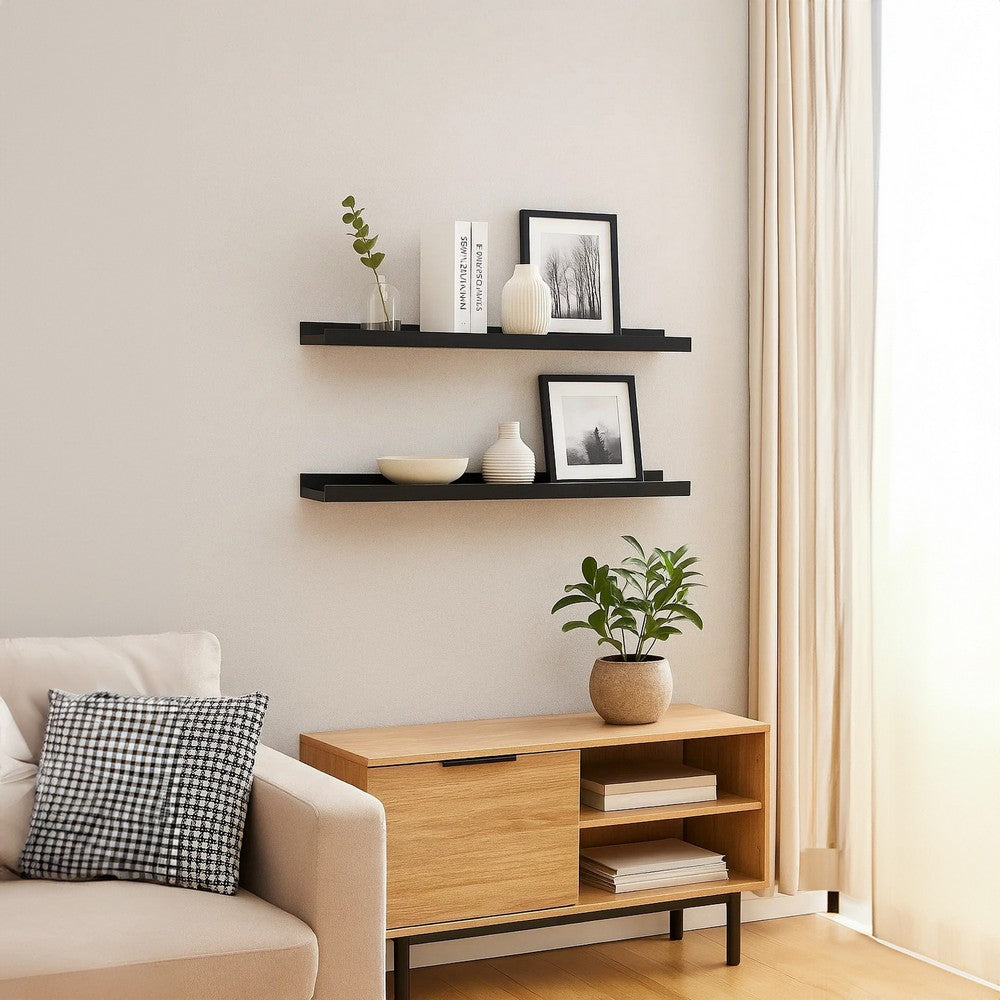 Yuli Wall Shelf Set of 2, Raised Ledge Design, Classic Black 32 Inch - BM340431