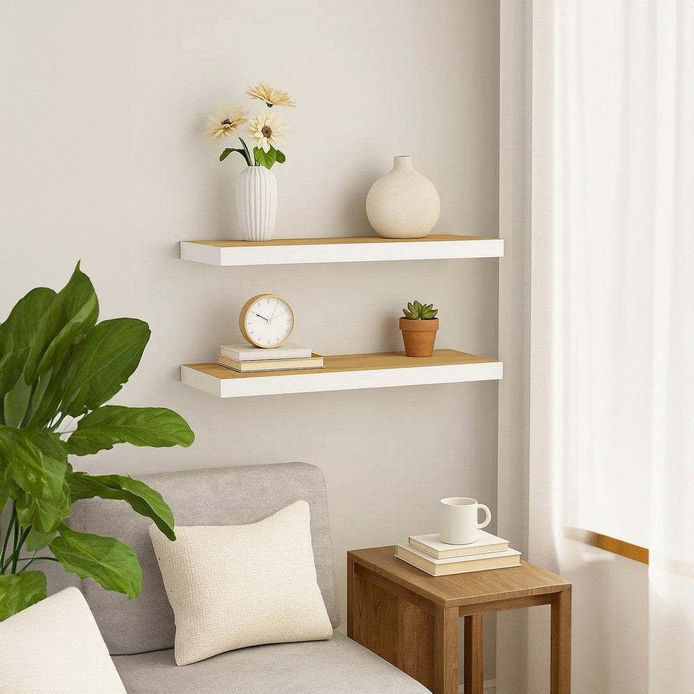 Zyno Wall Shelf Set of 2, 32 Inch Natural White and Oak Brown Finish - BM340434