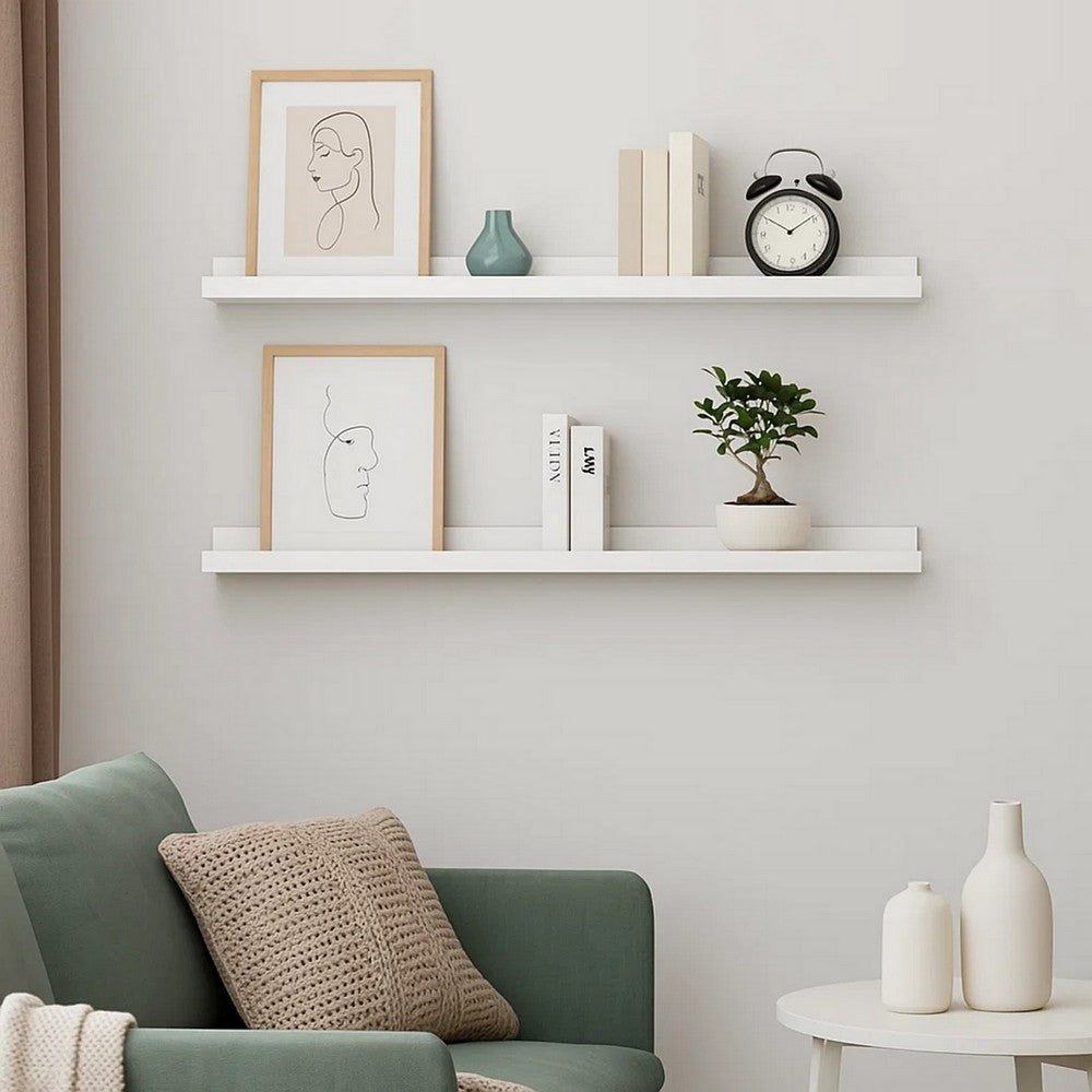 Yuli Wall Shelf Set of 2, Contemporary White, Raised Ledge Design 32 Inch - BM340436