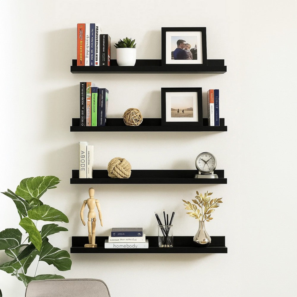 Yuli Wall Shelf Set of 4, Contemporary Black, Raised Ledge Design 32 Inch - BM340439