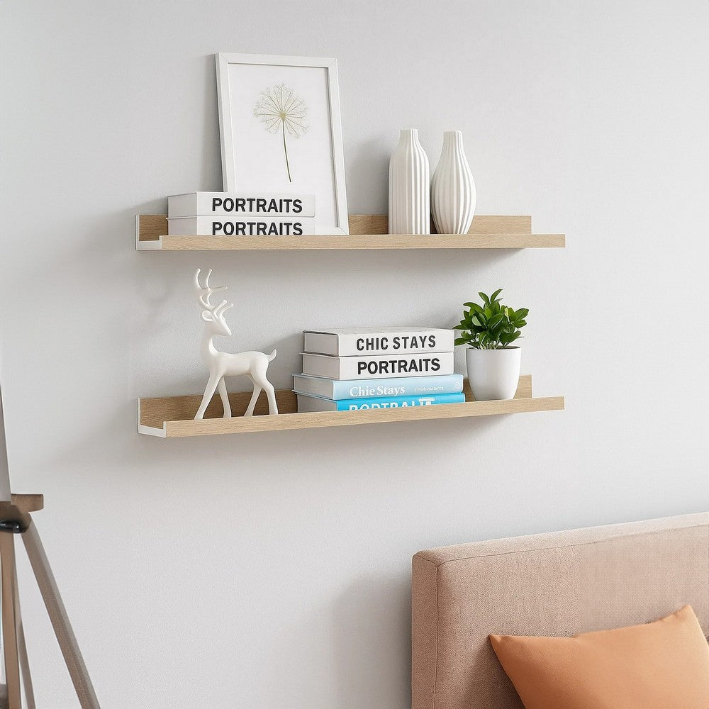 Yuli Wall Shelf Set of 2, Farmhouse Brown White, Raised Ledge Design 32 Inch - BM340442